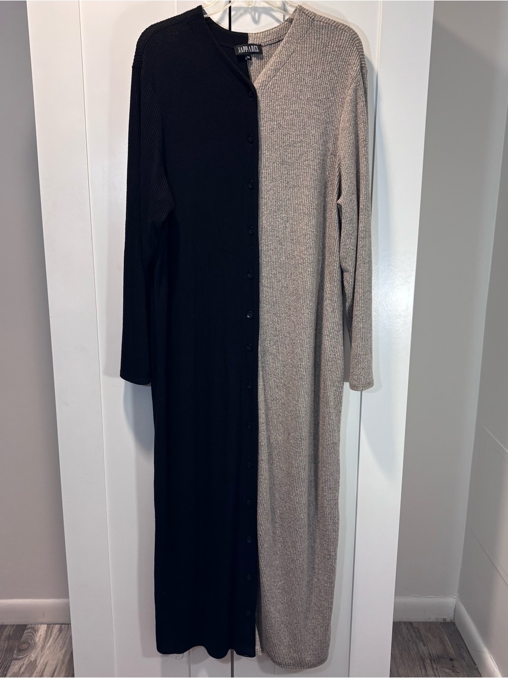 JAPPAREL XXL Long Cardigan Colorblock Black Ribbed Button Front Maxi Duster
